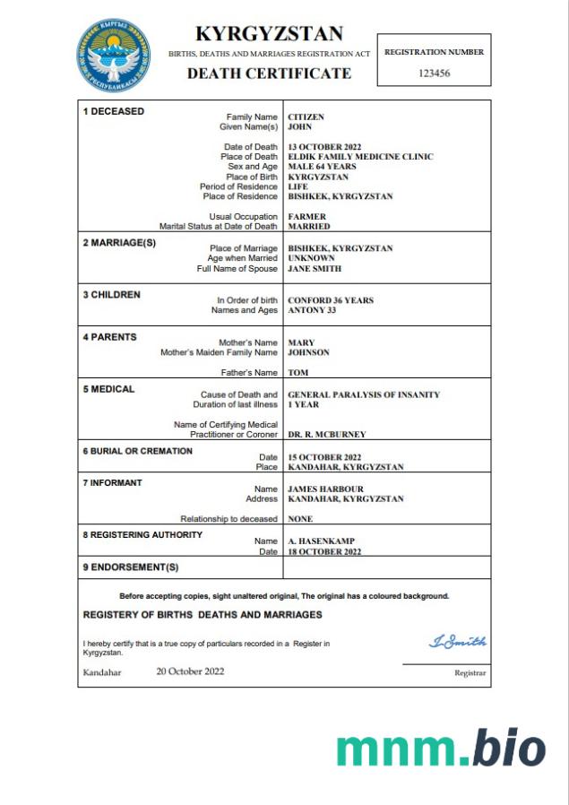 Kyrgyzstan śmierć certyfikat Word i PDF szablon